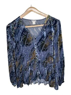Sundance Silk Blend Velvet Burnout Top Peplum Hem Size Large Button Front